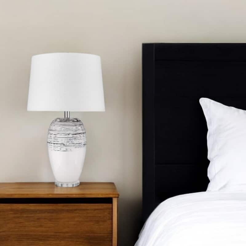 Black and White Ceramic Column Lamp with White Fabric Shade - 15" x 15" x 24.50" - Black-White