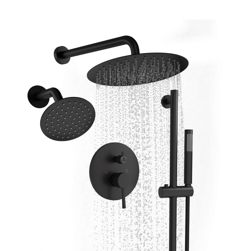 3-Spray Round 10 and 6 in. Dual Wall Mount Fixed and Handheld Shower Head in Matte Black, Valve Included - 10" x 10"
