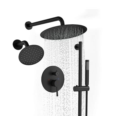 3-Spray Round 10 and 6 in. Dual Wall Mount Fixed and Handheld Shower Head in Matte Black, Valve Included - 10" x 10"