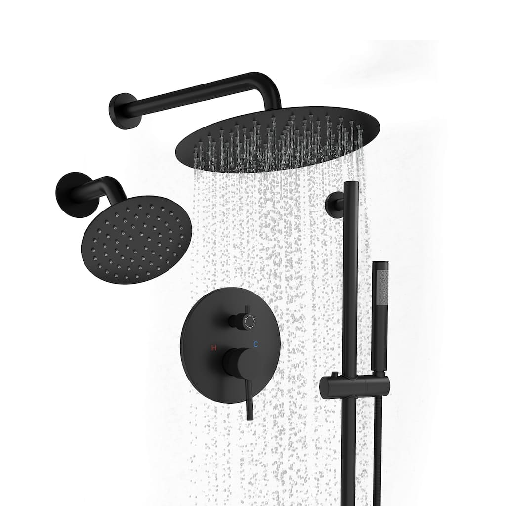 3-Spray Round 10 and 6 in. Dual Wall Mount Fixed and Handheld Shower Head in Matte Black, Valve Included - 10" x 10"