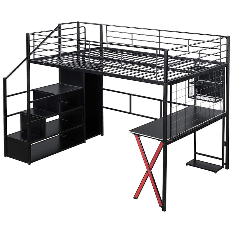 Full Size Metal Loft Bed With Built-In Work Station, Wardrobe, Storage Staircase And LED