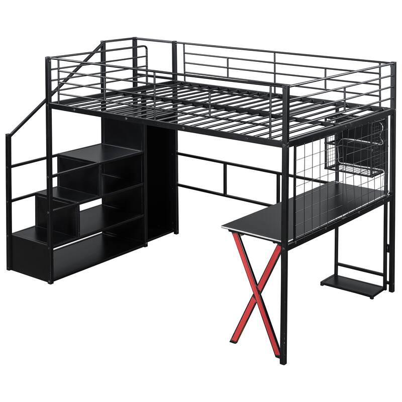 Metal Loft Bed Frame with Built-in Work Station, Computer Desk, Wardrobe, Storage Staircase and LED