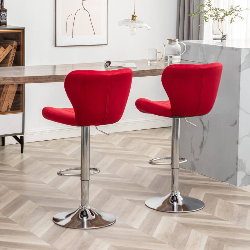 Set of 2 Adjustable Swivel Barstools with Upholstered Bucket Seats and Chrome Footrest.