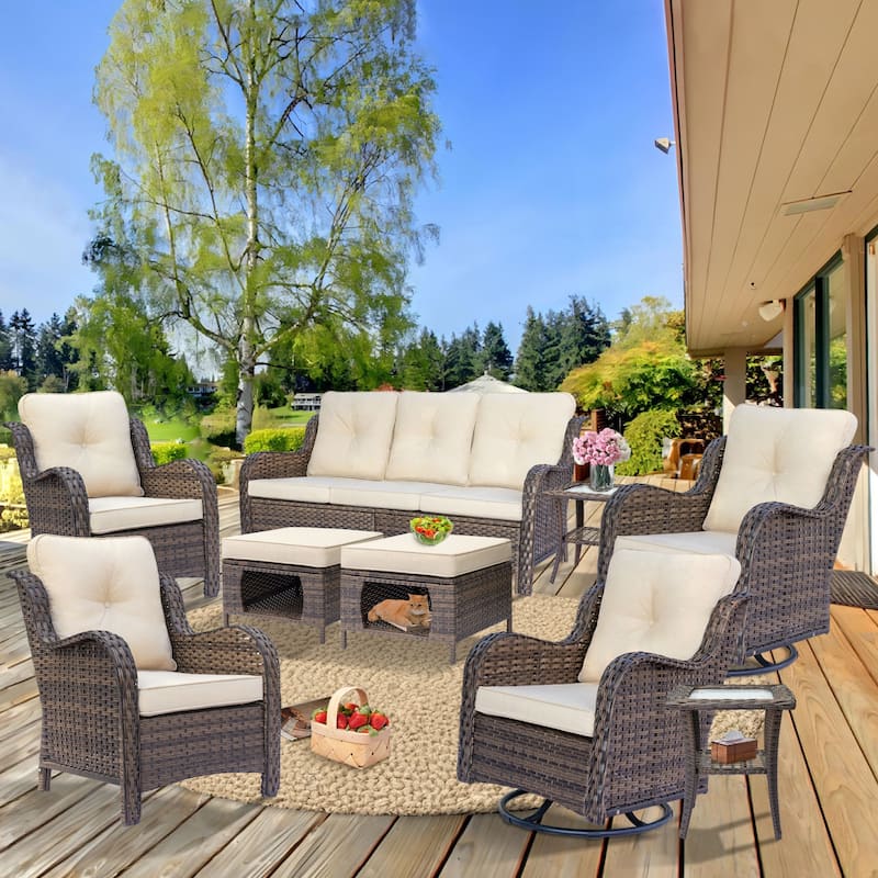 Outdoor Patio Furniture Set Brown Wicker Patio Conversation Seating Sets - 9 Seats - Beige