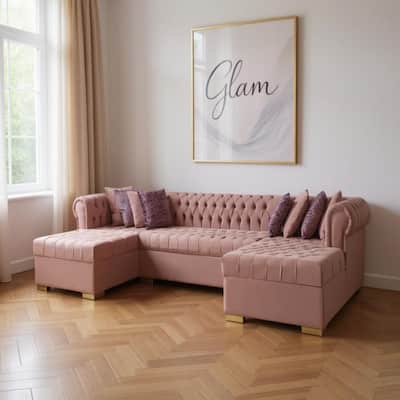 HomeRoots Pink Velvet U Shaped Three Piece Sofa and Chaise Sectional With Toss Pillows