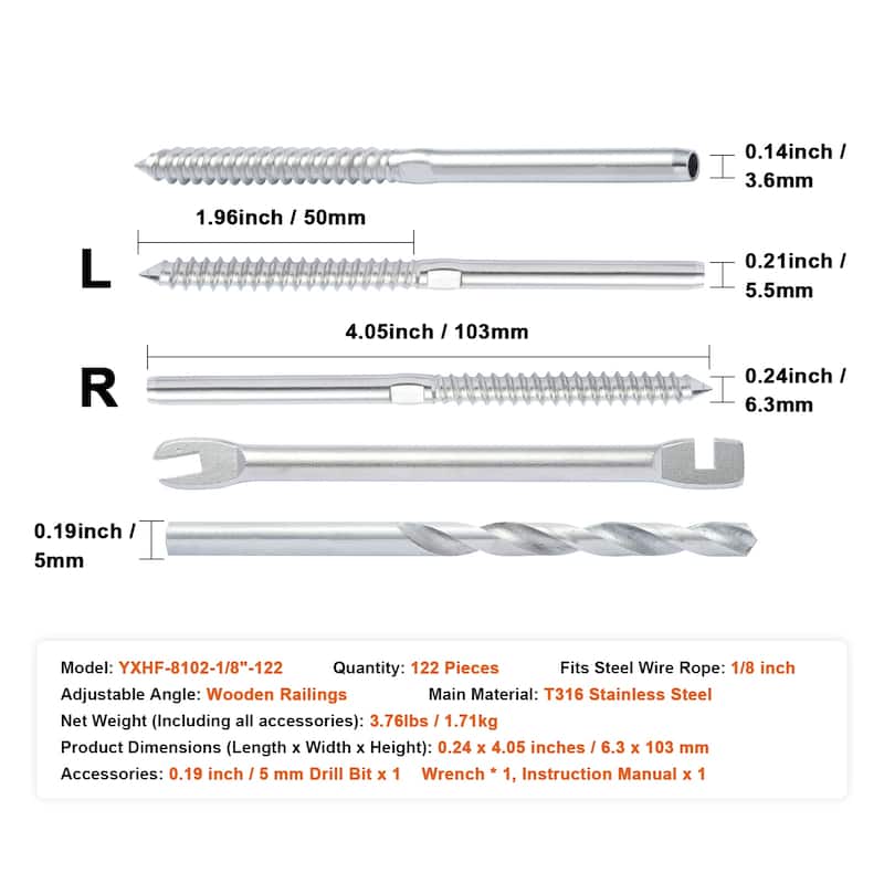 Cable Railing Swage Threaded Stud Tension End Fitting Terminal for 1/8" Deck Cable Railing, T316 Stainless Steel
