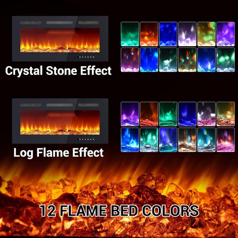 Wall Mount Electric Fireplace, Touch Screen and Remote Control, 12 Flame Colors