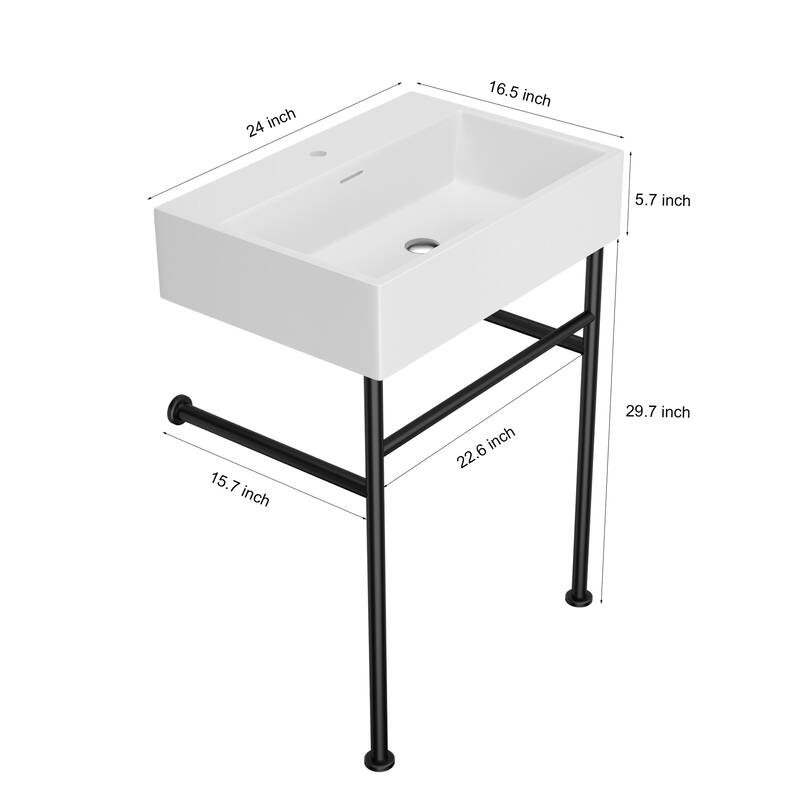 Lordear 24/30 in Ceramic White Single Bowl Console Sink Basin and Black/Gold Legs Combo with Overflow