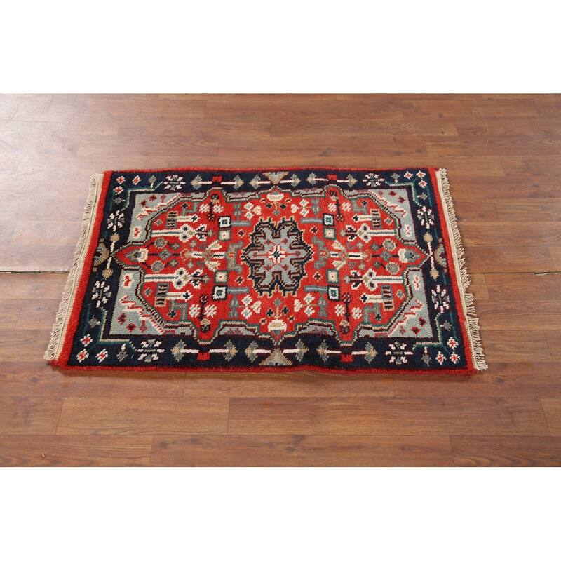 Orange Geometric Kazak Indian Accent Rug Hand-Knotted Wool Carpet - 2'0"x 3'0"