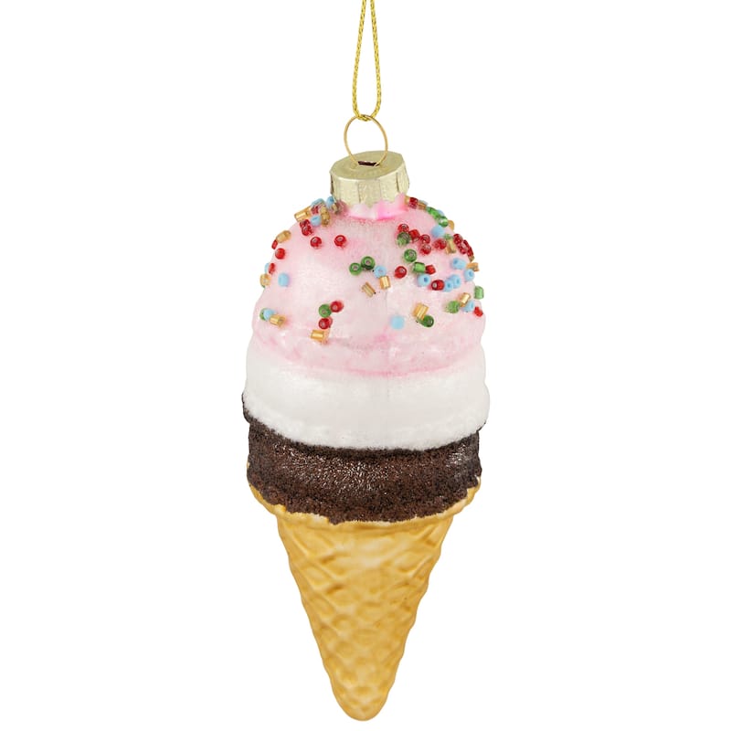 5" Ice Cream Cone Glittered Glass Christmas Hanging Ornament
