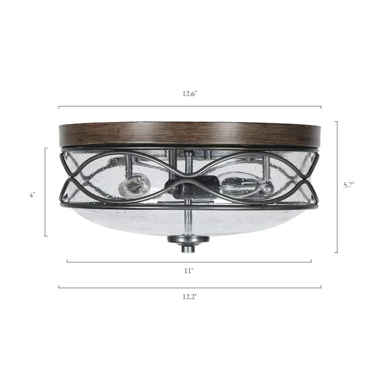 Clyno Modern Farmhouse 3-Light Dark Wood Grain Seeded Glass Cage Flush Mount Light - D 12.2" x H 5.7"