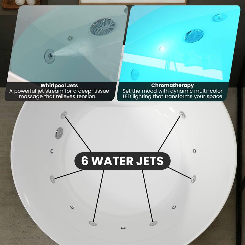 47 in. Freestanding Acrylic Whirlpool Bathtub with 6 Jets, Chromatherapy LED Lighting, 4-Hole Faucet Kit, Center Drain