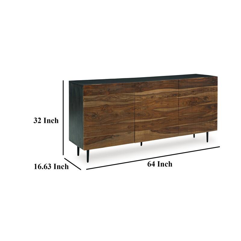 Sideboard Cabinet Console, 3 Grooved Brown Sheesham Wood 64 Inch