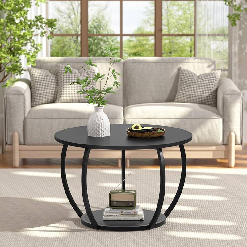 Round Farmhouse Coffee Table w/Storage & Adj. Feet for Small Spaces