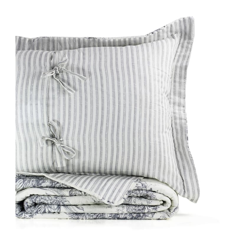 Toile and Bamboo Stripes Reversible Cotton Quilt Set