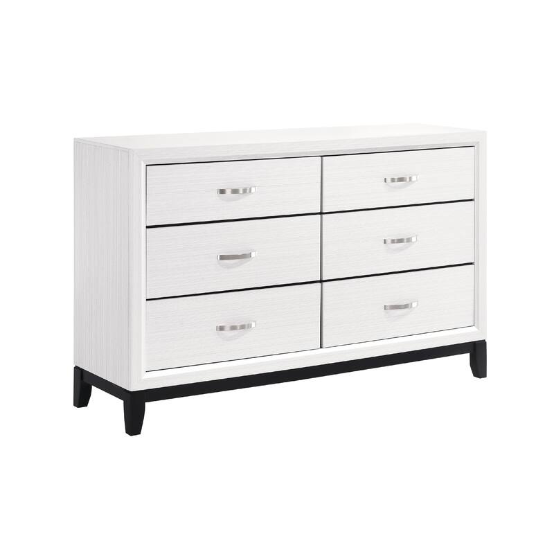 Ameya 58 Inch Wide Dresser, 6 Drawers Chrome, White Melamine, Black