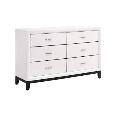 Ameya 58 Inch Wide Dresser, 6 Drawers Chrome, White Melamine, Black
