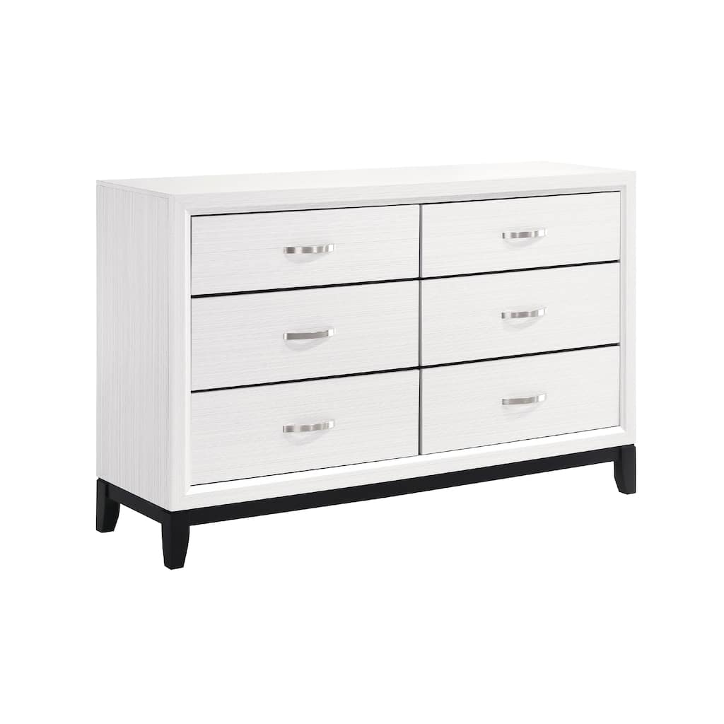 Ameya 58 Inch Wide Dresser, 6 Drawers Chrome, White Melamine, Black