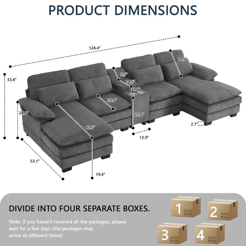 124" Modern Modular Sofa with Double Recliner and USB Port with Center Console