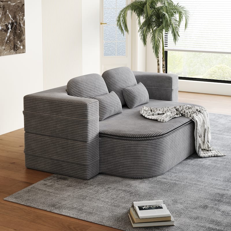 GDFStudio - Lysander Corduroy Foldable Sleeper Sofa Bed with Multi Functional Blanket - Grey