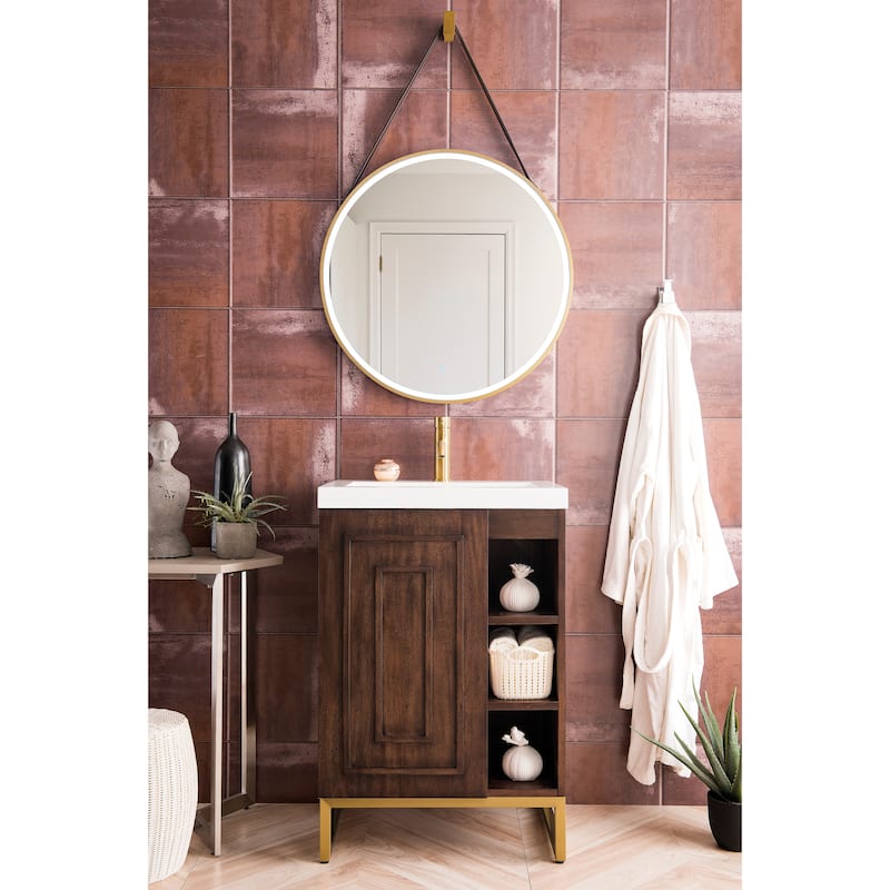 James Martin Vanities Alicante 24" Single Vanity Cabinet, Mid Century Acacia w/ White Glossy Composite Stone Top