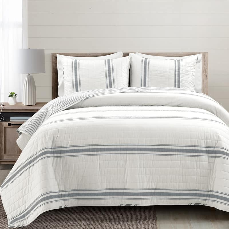 Lush Decor Farmhouse Stripe 3 Piece Quilt Set - Dark Grey - Full - Queen