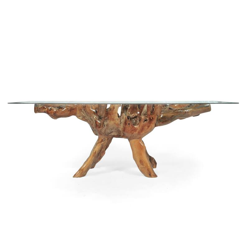 Chic Teak Rustic Teak Wood Root Dining Table Including 87 x 43 Inch Glass Top