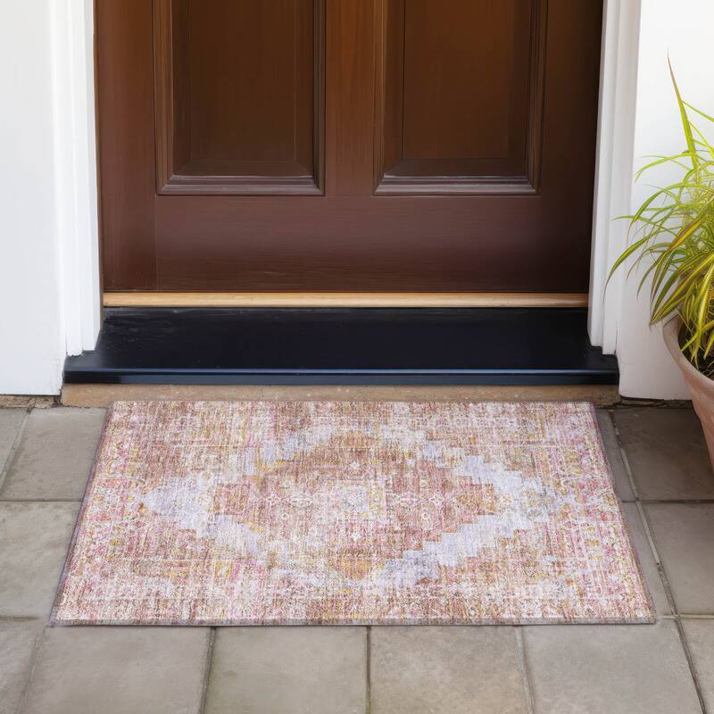 Machine Washable Indoor/Outdoor Traditional Global Chantille Rug - Blush - 1'8" x 2'6"