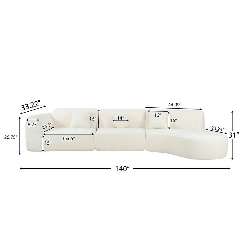 140" Polyester Curved Sectional Sofa - 3-Piece Set with Chaise Lounge (High-Density Foam, Fully Assembled)
