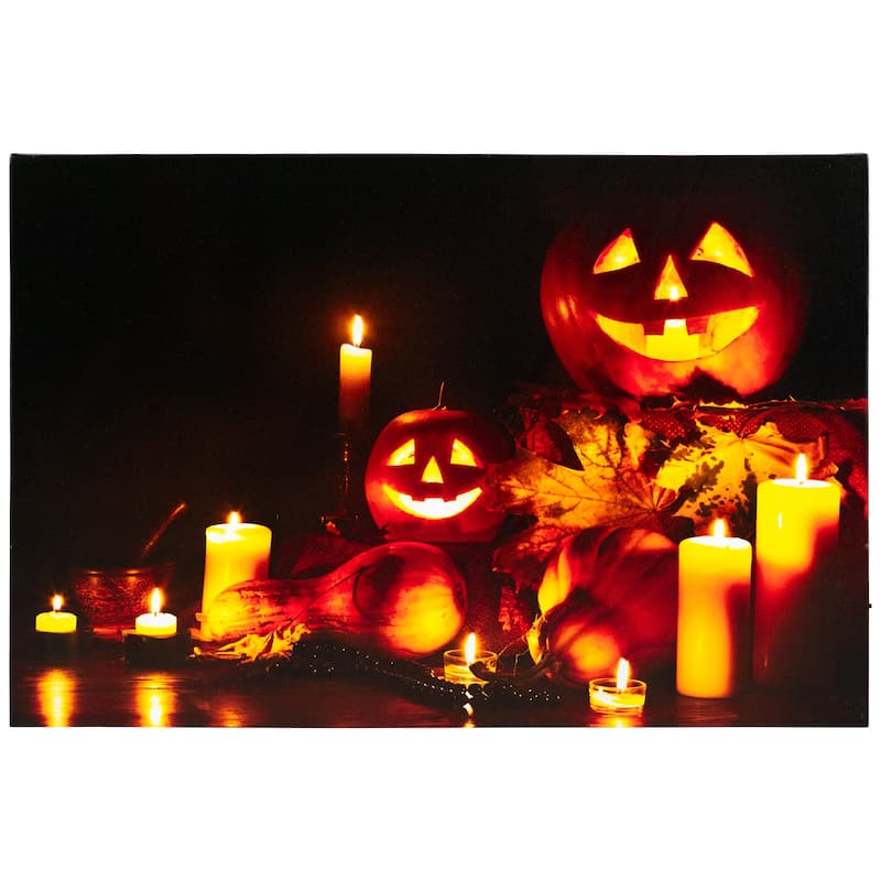 LED Jack-O-Lanterns & Leaves Halloween Canvas Wall Art 15.75"x23.5"