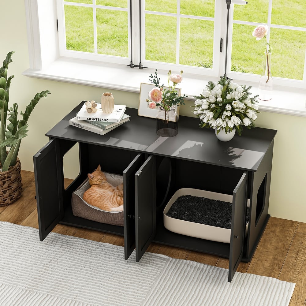 47.2"W Cat Litter Box Enclosure Dual-Door Hidden Furniture Black/White