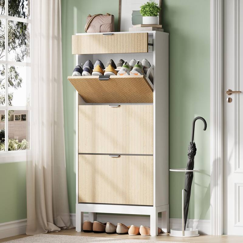 3-Drawer Slim Shoe Storage Cabinet with Flip Doors - Natural