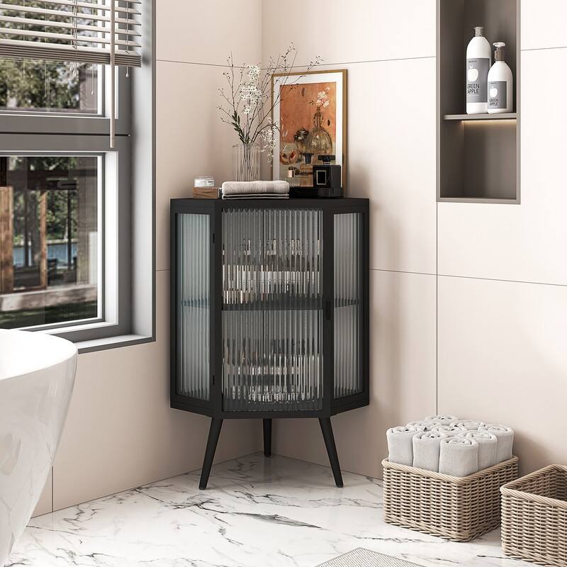 Grondin Modern Style 22.25" Bathroom Corner Storage Cabinet with Tempered Glass Doors and Interior Adjustable Shelf - Black