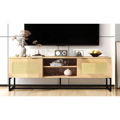 59'' Artificial Rattan Decor&Metal Frame Base Wicker TV Stand Console with 2 Side Door Cabinets and 2-Layer Center Shelf