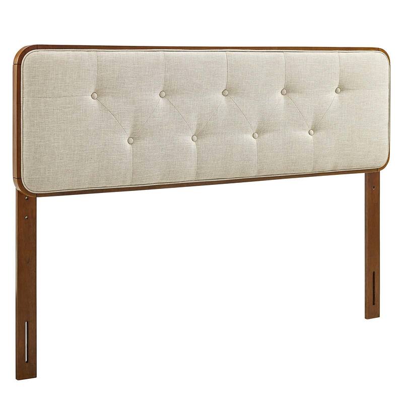 Glendale Traditional Beige Fabric Button Tufted Queen Size Walnut Wooden Headboard