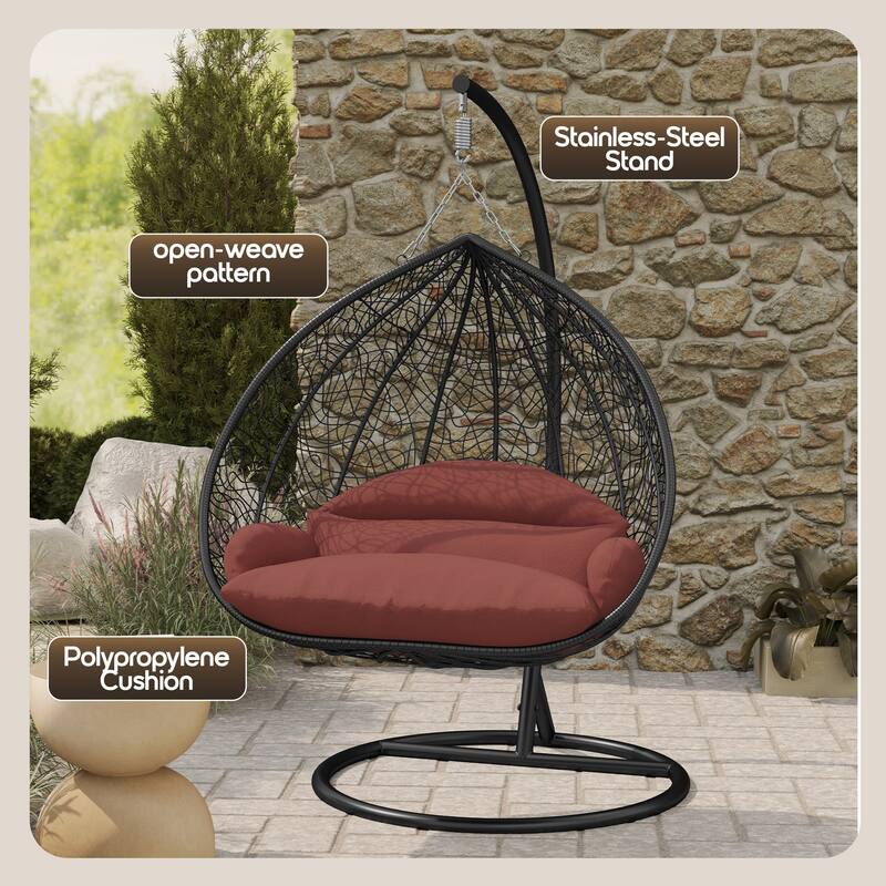 2-Person Outdoor Hanging Egg Chair with Teardrop Frame, Weather-Resistant Cotton Cushioned Seat for Patio and Indoor Use