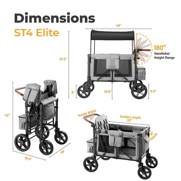 4 Seater Stroller Wagon for 4 Kids with Convertible Seats, Adjustable Push/Pull Handles, Removable Canopy & Flat Fold, Grey