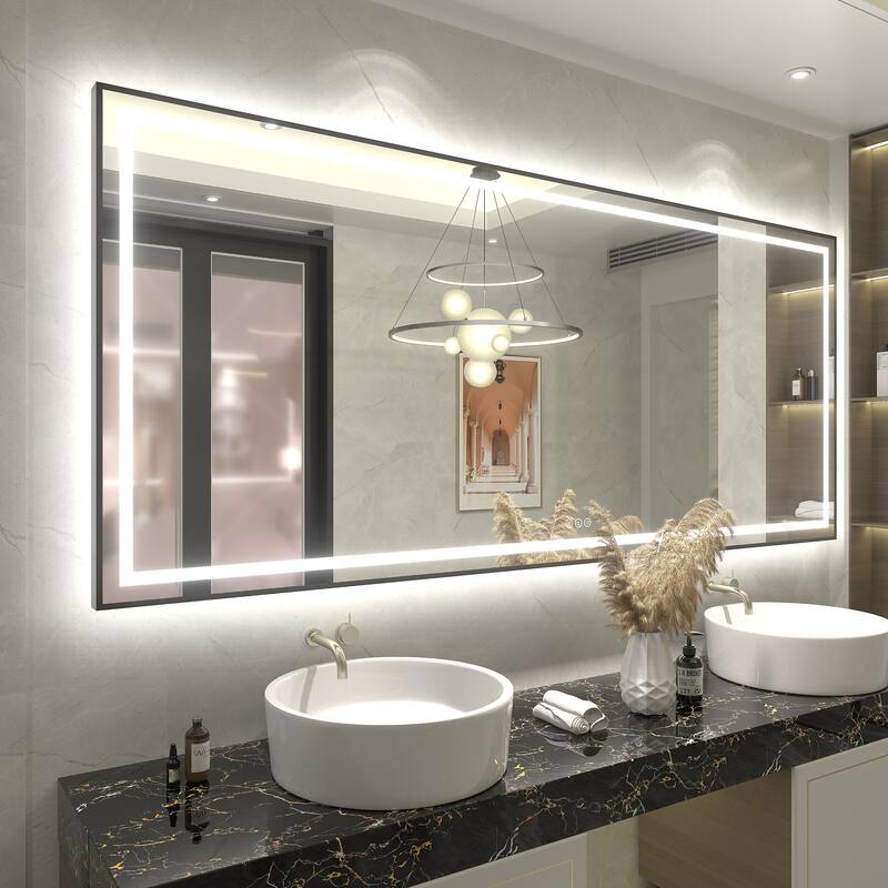 Black Metal Framed LED Front Light and Backlit Anti-Fog Wall Bathroom/ Vanity Mirror - 88" x 38"-Square Corner - Black