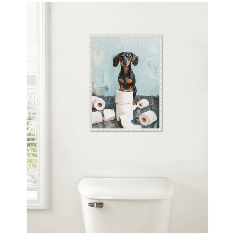 Kate and Laurel Sylvie Cute Dachshund Dog Toilet Paper Rolls Blue Teal Bathroom Art Framed Canvas by The Creative Bunch Studio