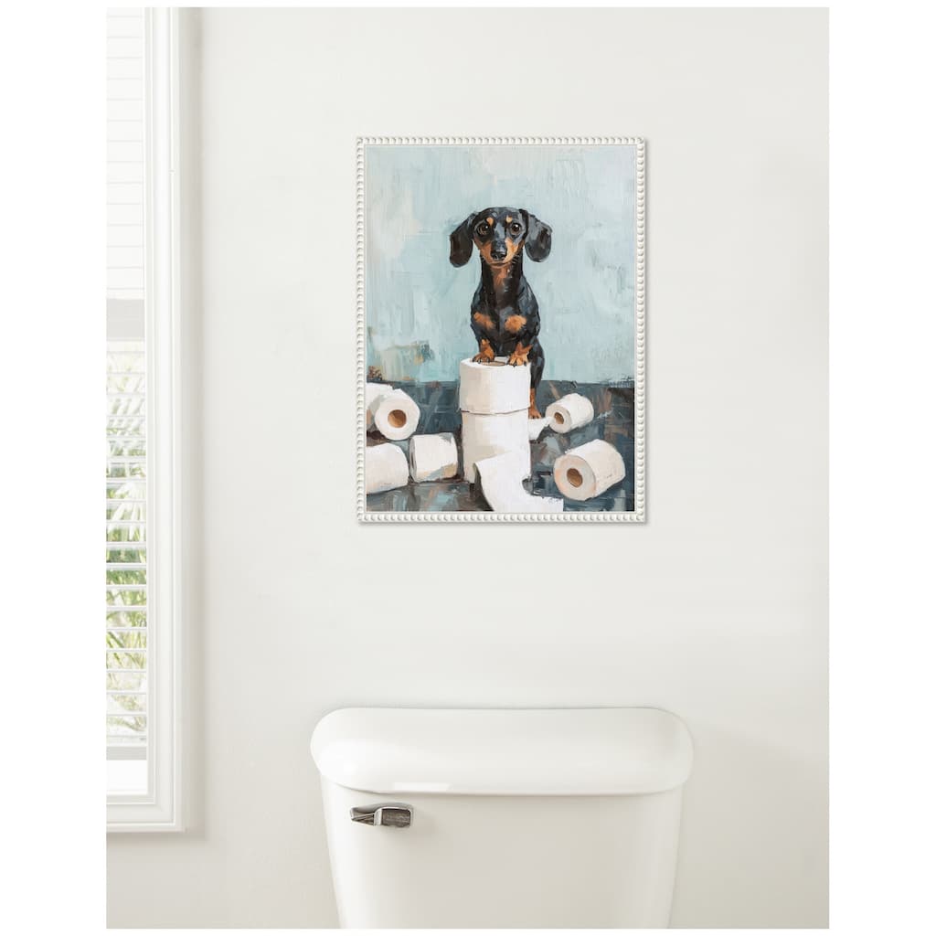 Kate and Laurel Sylvie Cute Dachshund Dog Toilet Paper Rolls Blue Teal Bathroom Art Framed Canvas by The Creative Bunch Studio