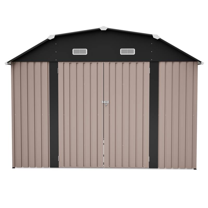 GDFStudio - Large Heavy Duty Rust-Resistant Metal Tool Shed Storage with Floor Frame & Lockable Doors for Easy Access - Brown - 10x12 FT