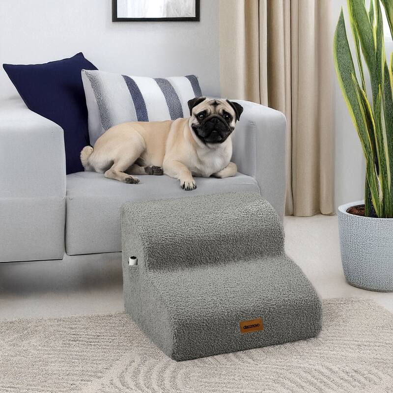 Teddy Style Velvet Waterproof Dog Pet Stairs - 2 Steps - Light Grey