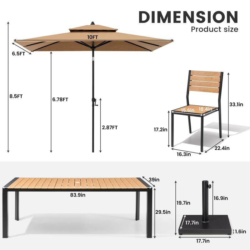 9/11-Piece Outdoor Dining Set w/10 ft Umbrella and Base Aluminum Dining Table and Stackable Chairs