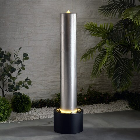 Hilliard 46" tall Stainless Steel and Black Patio Fountain, LED Lights - 12" x 47"