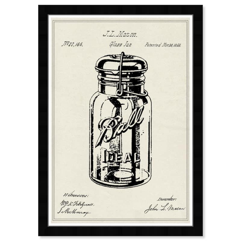 Wynwood Studio Prints Food and Cuisine Mason Glass Jar Patent 3 Black and Eggshell Farmhouse Wall Art Canvas Print