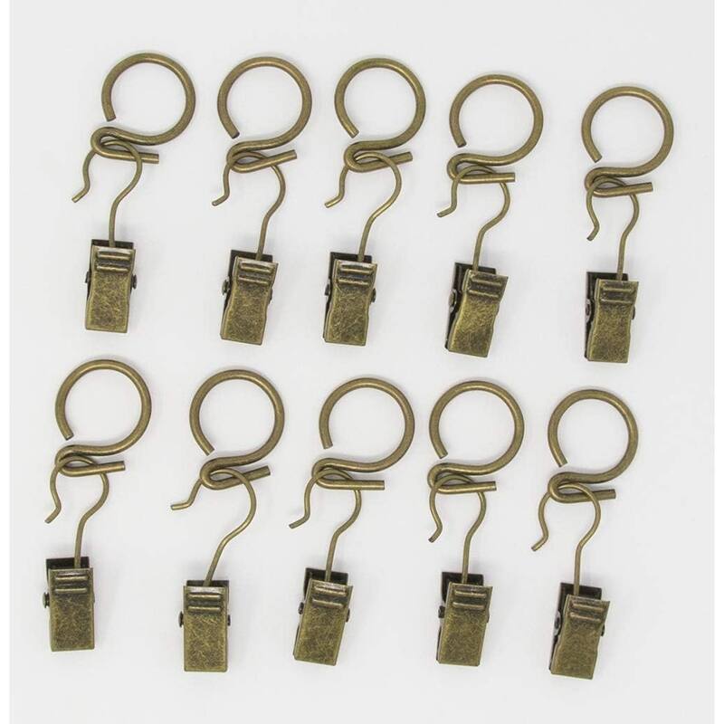 S Hook Rings with Clips for 1/2-inch Cafe Rod, Set of 10 - Antique Brass