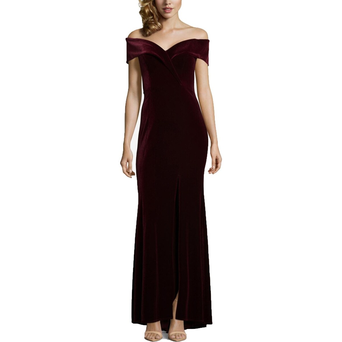 xscape off the shoulder velvet dress