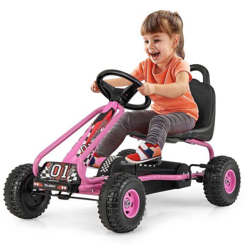 Gymax Kids Pedal Go Kart 4 Wheel Ride On Toys w/ Adjustable Seat - Pink - Kids