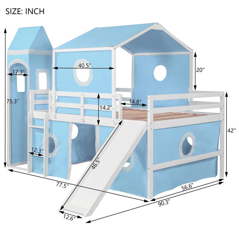 Full Size Loft Bed with Slide, Pink Tent, and Tower in Blue - Durable Pinewood Construction