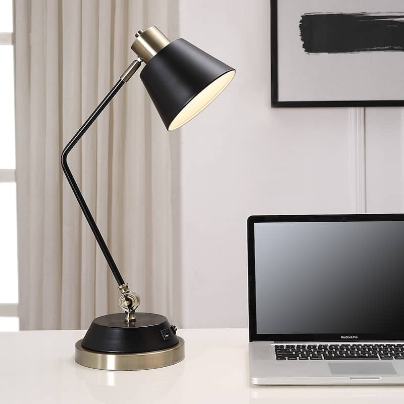 Porch & Den Black and Antique Brass Angled Pivoting Desk Lamp